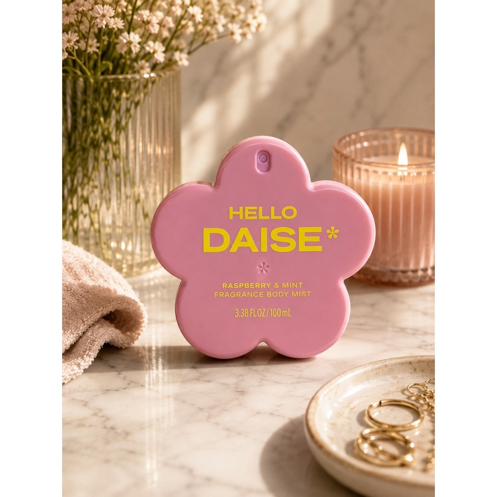 Hello Daise Raspberry & Mint Fragrance Body Mist 3.38 fl oz Pink Flower Bottle